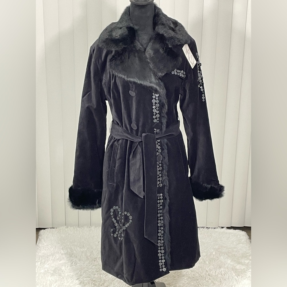 EBENE BY PATRICK ASSULINE Sevana Beaded Velvet Trench Coat Rabbit Fur Trim Black